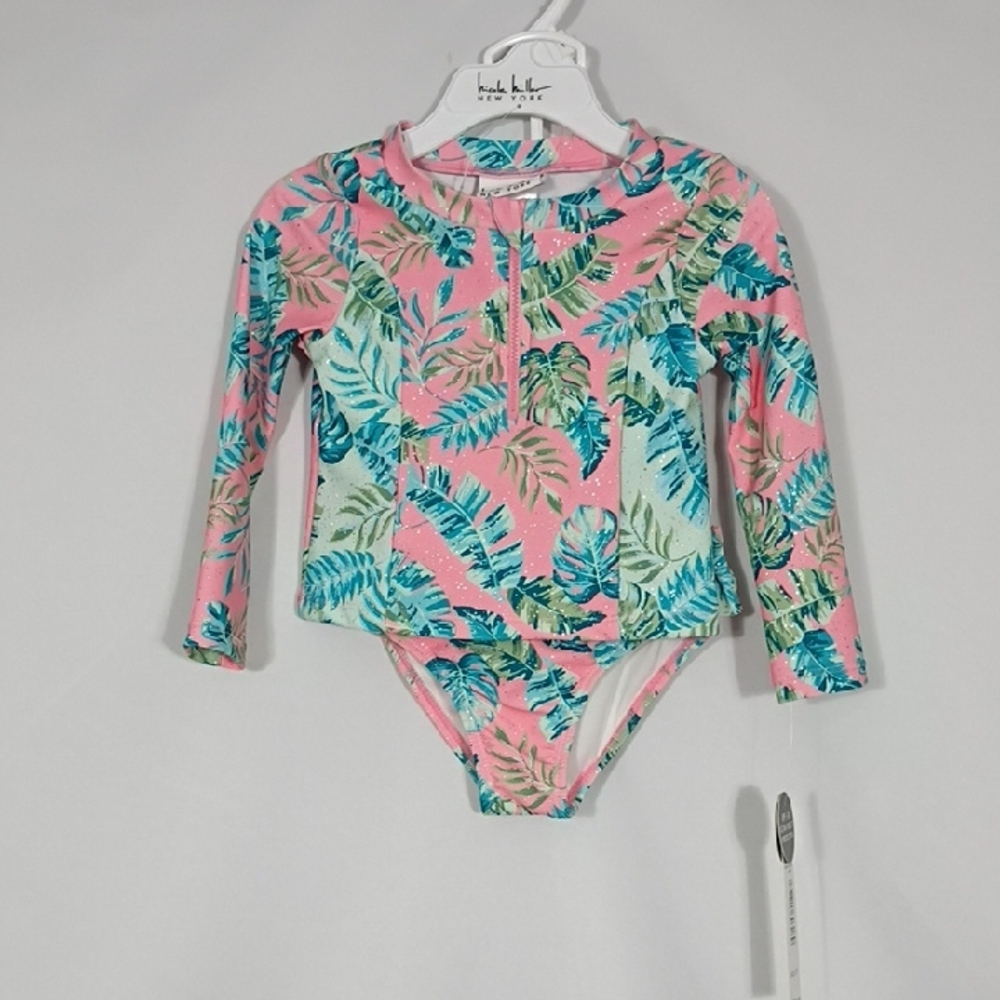 NWT Nicole Miller Pink Leaf Print 2 Pc Rashguard With Sparkles Girls Size 2T